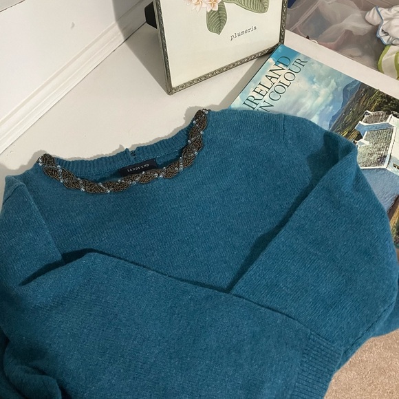 Lands' End Teal Wool Sweater with Beaded Neckline - Picture 12 of 12